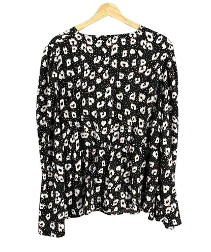 River Island Women’s Blouse US 16 Black Print V-Neck Long Sleeve Draped Top