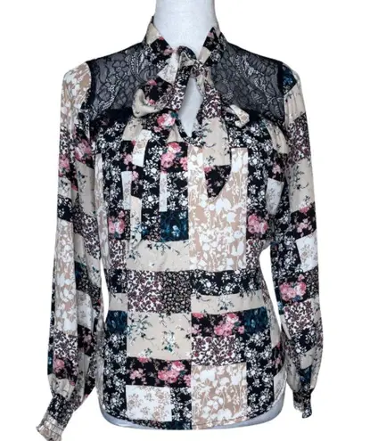 Cure. Petites Women's Floral Colorblock Lace Illusion Tie Neck Blouse Top PM Black Size undefined