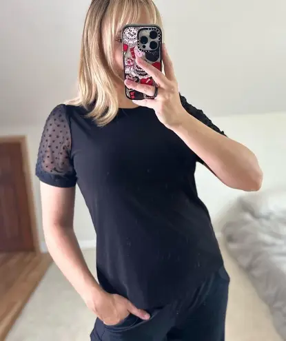 CeCe : Black Mesh Bubble Sleeve Swiss Dot Blouse