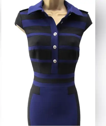 Karen Millen NWT Black and Blue Striped Midi Shirt Dress Short Sleeve Bodycon 8