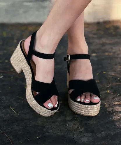 Black Espadrille Chunky Heel Wedge Size 9