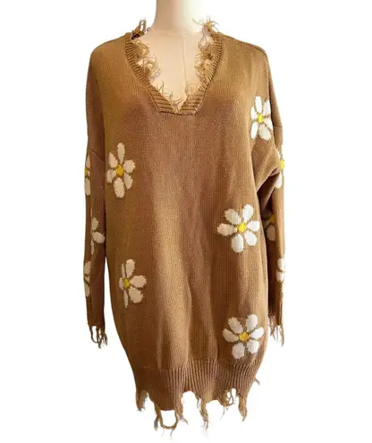 Just Polly New York Brown w/ Daisy Sweater SZ L Distressed V