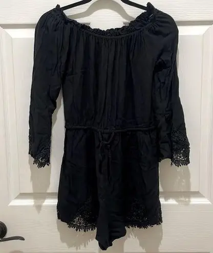 all about eve Black Long Bell Sleeve Wide Neck Crochet Detail Romper Size M