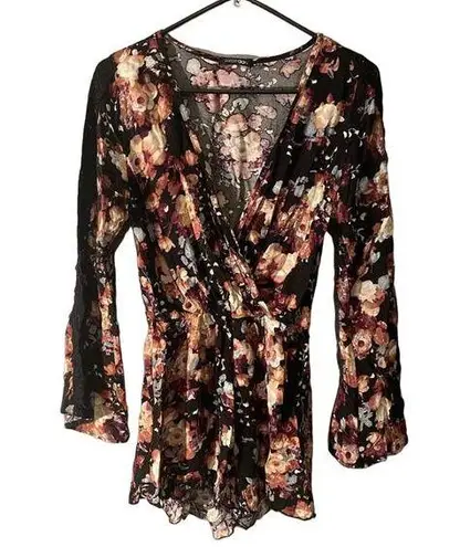 PaperMoon Black Multicolor Floral Lace Detail Scalloped Romper Women Sz S