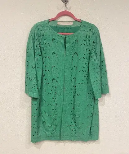 DRÔME Jacket Womens Large Green Aloe Laser Cut Leather Open Front Italy Boho