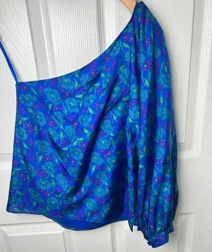 Veronica Beard  Blue Silk Cobalt Floral One Shoulder Lyric Relaxed Fit Blouse 2