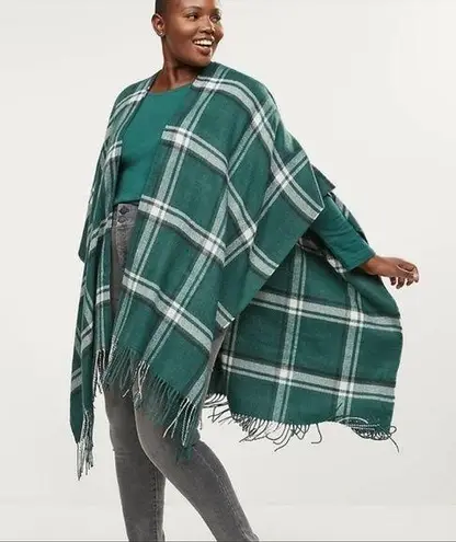 Lane Bryant Green Plaid Fringe Flannel Wrap Poncho