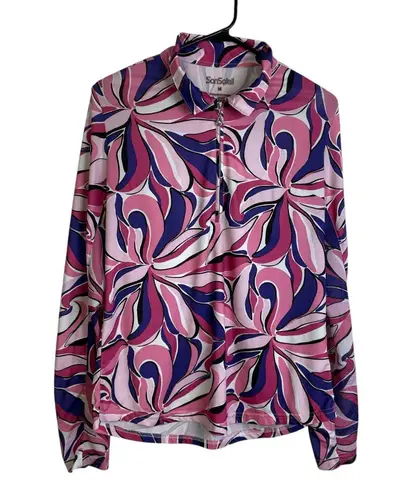 San Soleil Top Womens Size Medium Pink Floral 1/4 Zip Long Sleeve Sun UV UPF