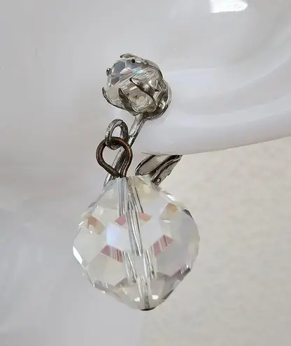 Vintage Aurora Borealis AB Crystal Bead Ball Drop Dangle Clip on Earrings Silver