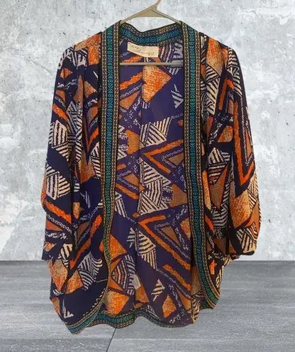 Vintage Havana Orange and Navy Bold Print Open Kimono Dolman Sleeves, Medium