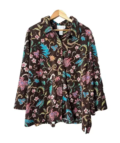 Susan Graver Top Jacket 2X Button Brown Floral Fall Boho Feminine 3/4 Sleeve