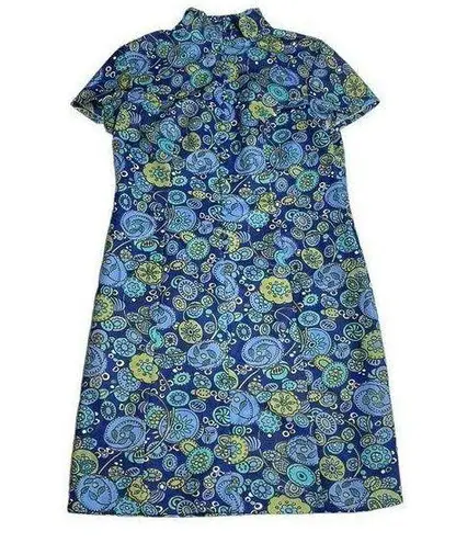 Vintage Blue 70s  and green floral mock neck mini dress large