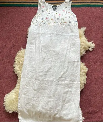 Vintage Linen garden print shift dress natural linen color sleeveless midi Size M