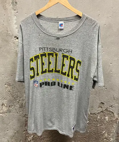 Russell Athletic Vintage 90s Pittsburg Steelers Gray Thrashed Distressed Oversized Tee USA Made