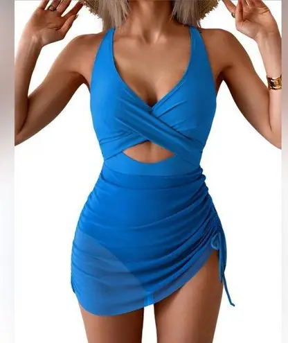 NWT B2prity Blue Women’s Mesh OnePiece Swimdress Tummy Control VNeck swimSuit Size L
