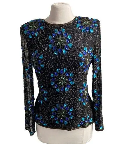 VINTAGE STENAY Top Womens Sz Medium Black Silk Sequin Beaded Hollywood Glam Chic