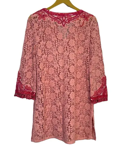 Calypso St. Barth Floral Crochet Tunic Top Size S Embroidered Sequins Tasseled
