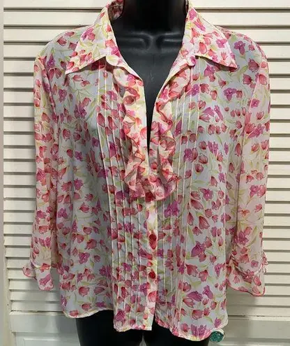 Byer Dress White/Pink/Green Floral Chiffon Pearl Button Up Blouse Size 12 Ruffle White