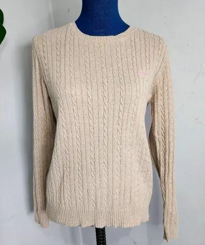 IZOD Cotton Cable Knit Crewneck Sweater Tan with Pink