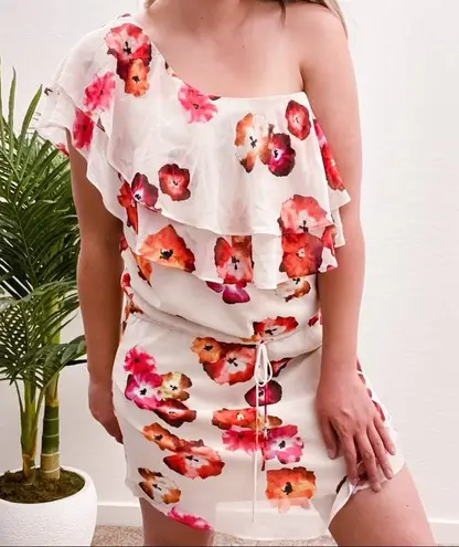Haute Hippie Floral One Shoulder Dress Ruffle L