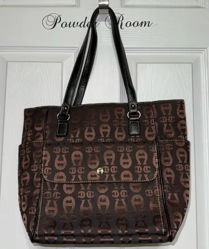 Etienne Aigner Brown Monogram Canvas Bucket Tote Bag Handbag with Leather Trim