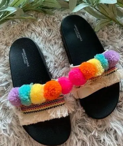 American Eagle  Boho PomPom Multicolor Slide on Sandals