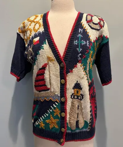 Ashley Vintage hand knit sailboat nautical sweater cardigan size Medium Red