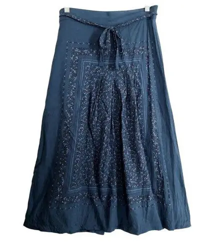 Vintage 70's Jane Schaffhausen Belle France Prairie Floral Midi Tie Waist Skirt Blue Size 10