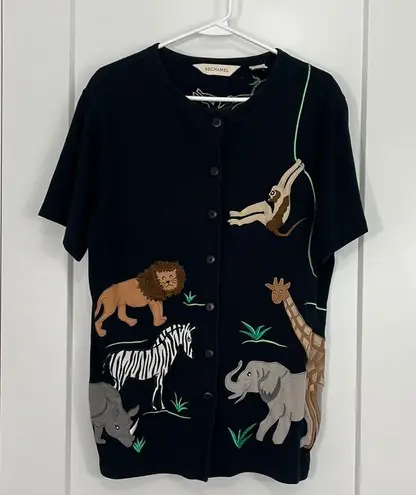 Bechamel Medium Black Animal Embroidered Button Down Short Sleeve Cardigan