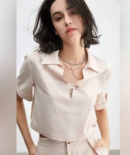 J.ING Jing Pink Collared Short Sleeve Crop Top Size XS NWT