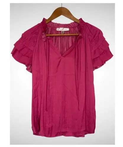 Catherine Malandrino Hot Pink Silky Satin Short Ruffle Sleeve Tie Neck Blouse L