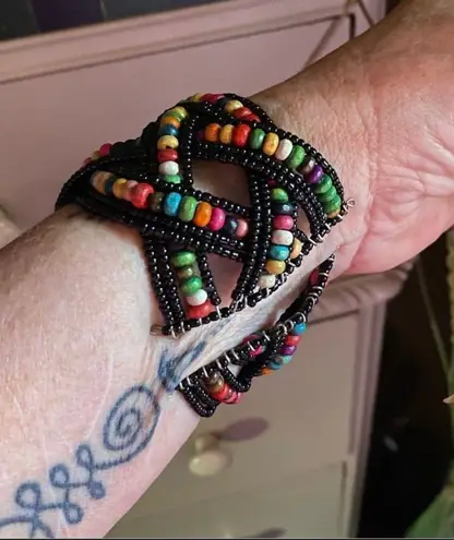 Multi Color Glass Bead & Wooden Beaded Cuff Bracelet Adjustable Multiple