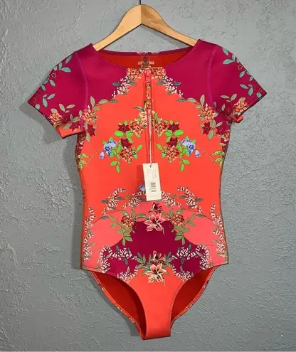 Johnny Was NWT Wave Surf One Piece Neoprene Orange Pink Floral Swim Suit $298