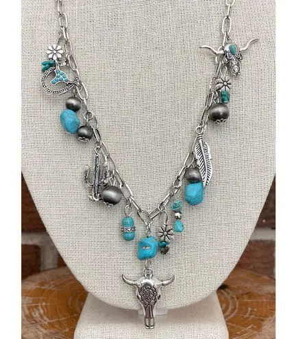 Steer Skull and Turquoise Charm Necklace Silver