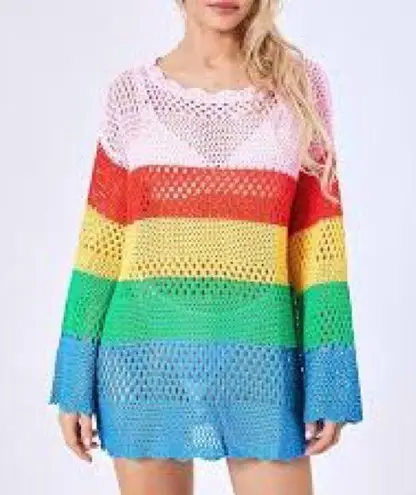 None NEW Rainbow Stripe Crochet Pullover Coverup Dress Rainbow Striped X