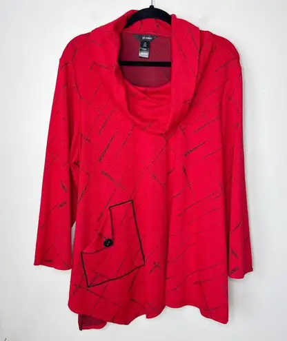 Ali Miles RUBY Size 2X Red/Black Asymmetric Knit Tunic Top Cowl Neck Art to Wear Red