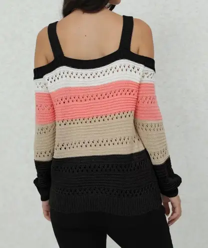 Striped Cold Shoulder Sweater Loose Knit Beige Black Peach S