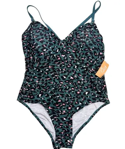 Kona Sol NWT Green Leopard Strappy One Piece Swimsuit Bathing Suit Plus Size 18W