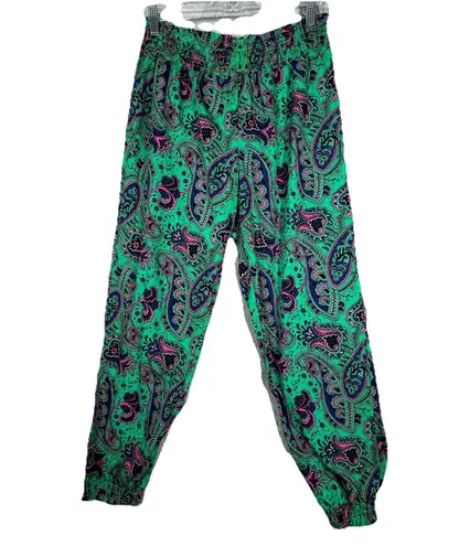 Aerie  Pants Womens Medium Green Pink Paisley Satin Jogger Casual Preppy Colorful