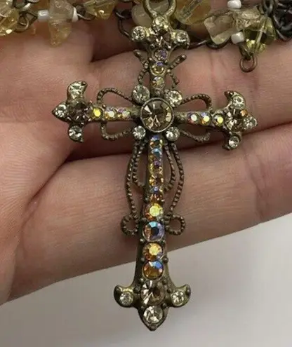 Cookie Lee Vintage Bronze Western w/Pink Stone Rhinestone Cross Pendant Necklace