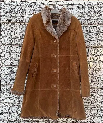 Bernadino Collection suede leather faux fur lined penny lane style trench coat Brown Size L