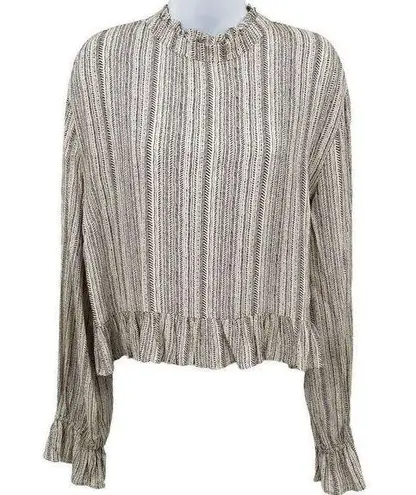 Glam Striped Print Ruffle High Neck Balloon Long Sleeve Open Back Blouse Top
