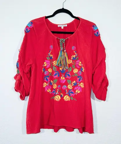 New See And Be Seen Red Embroidered Peasant Tassel Top Size Medium