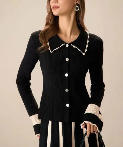 Rihoas Women's Black Splicing Button Ribbed Cardigan Size L