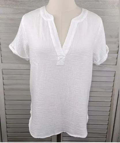 Bobi LOS ANGELES Rolled Sleeve V Neck Henley Top (White)-Small