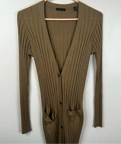 ATM Long Sweater Cardigan in Sahara Womens M Silk Cotton Ribbed Button Front Tan Size M