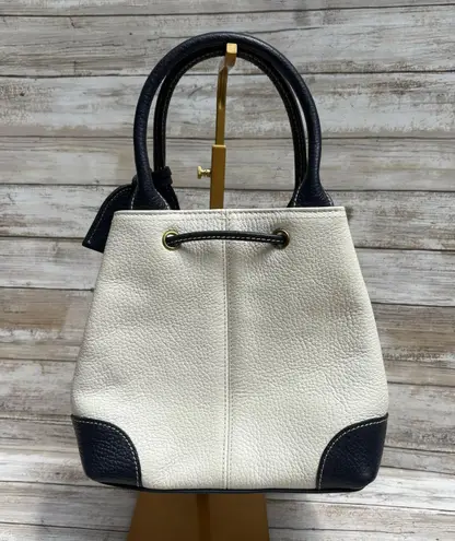 VTG Liz Claiborne Leather Co Purse Handbag Cream Navy Drawstring Satchel Preppy Blue