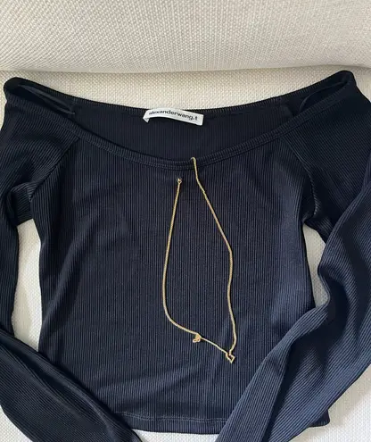 Alexander Wang Chain Embellished Off the Shoulder Black Long Sleeve Top