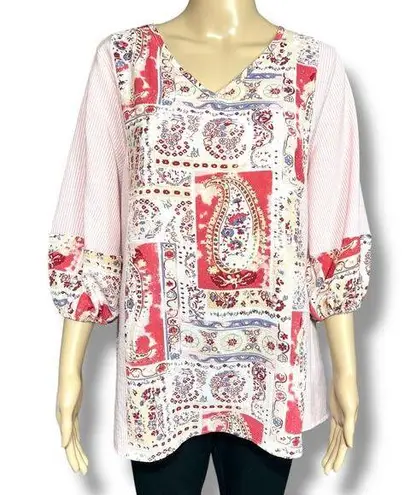Flamingo Womens Peasant Top Blouse Shirt Stripes Paisley Floral V Neck Pink Med