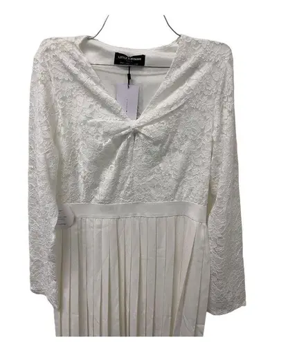 Little Mistress NWT Midi Skater Dress White Lace Pleated Twist Front Long Sleeve